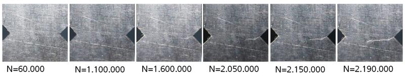 Rissausbreitung an einer gekerbten Probe aus kurzglasfaserverstärktem Polyamid, längsorientiert, Bruchschwingspielzahl NB=2.200.000