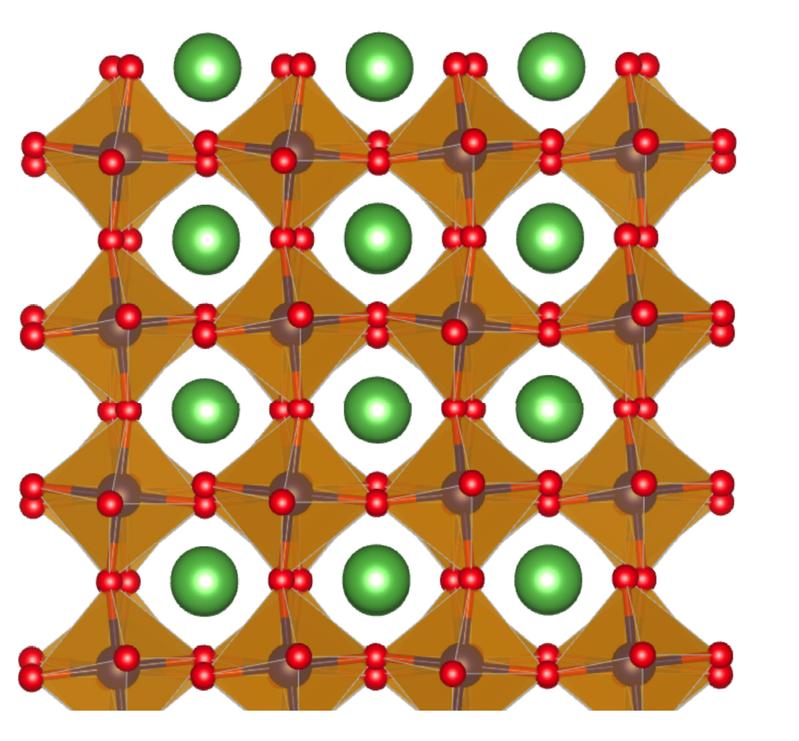 Crystal structure of lanthanum cobalt oxide film with positively charged layers of lanthanum oxide (green and red atoms) and negatively charged layers of cobalt oxide (brown and red atoms)