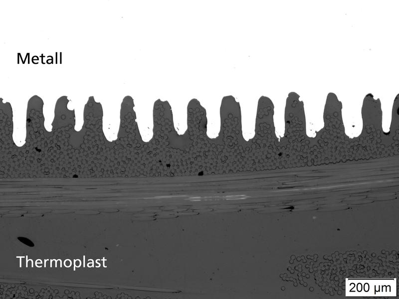 Querschliff einer thermisch direktgefügten Überlappverbindung aus Metallblech und glasfaserverstärktem Thermoplast mit Lasermakrostrukturierung