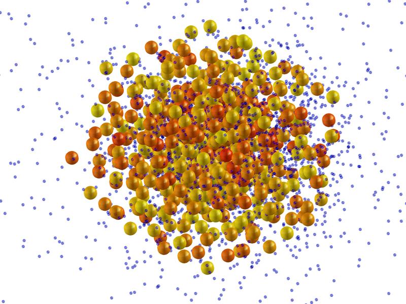 Abb. 1 (Bild: Uni Rostock / Thomas Fennel): Explodierender Xenon-Cluster mit freigesetzten Elektronen (blau). 