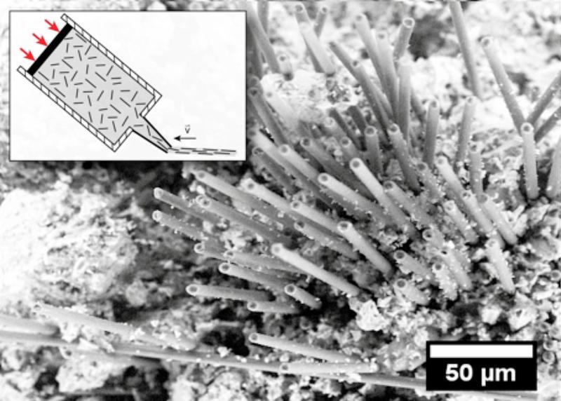 Mörtel mit parallel ausgerichteten Carbon-Kurzfasern (Rasterelektronenmikroskop-Aufnahme). Innenbild: Schematische Skizze des Düsenverfahrens zur Ausrichtung von Carbon-Kurzfasern in Baustoffen.