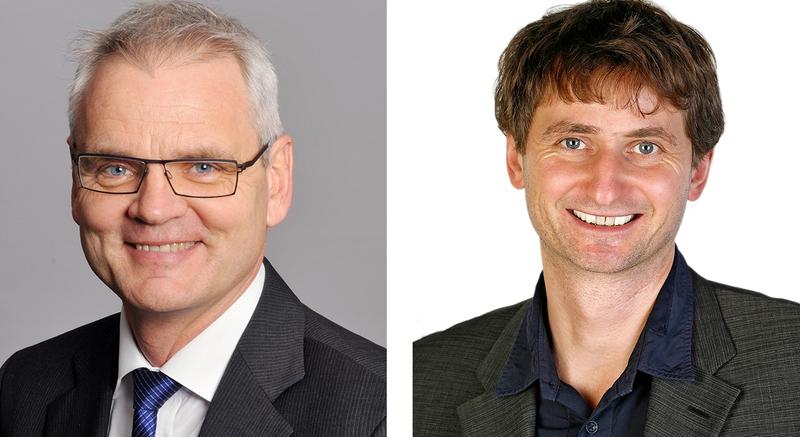 Prof. Dirk Heinz (links), wissenschaftlicher Geschäftsführer des HZI, und Prof. Jörg Vogel, künftiger Gründungsdirektor des neuen Helmholtz-Instituts für RNA-basierte Infektionsforschung