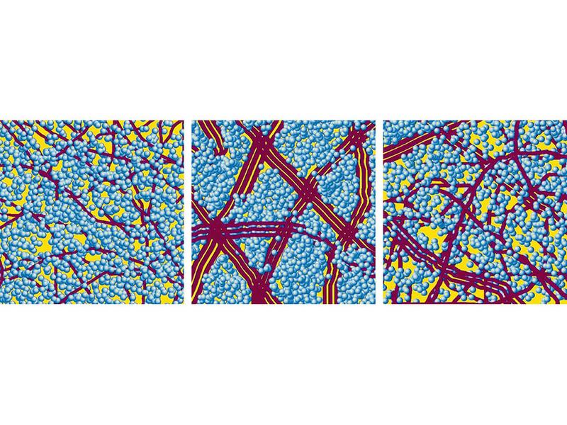 The inner structure of the solar cell’s active layer without (left), with (centre) and after loss of solvent additive (right). 