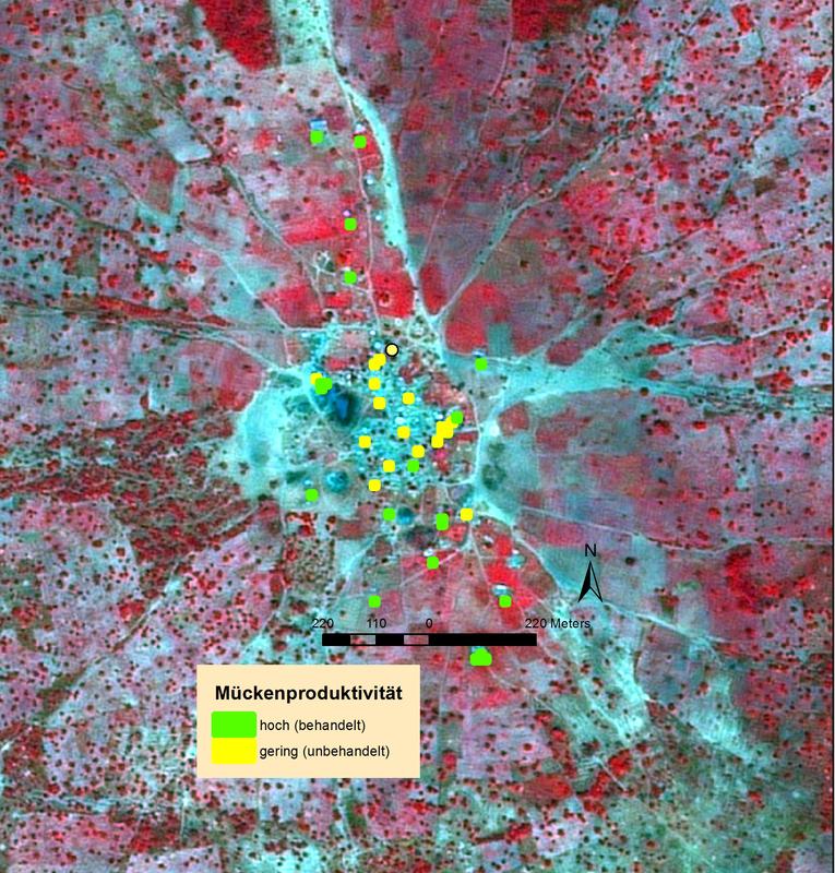 Anhand von Satellitenbildern haben die Projektmitarbeiter die von den Malaria-Moskitos bevorzugten Brutstätten identifiziert und gezielt behandelt.