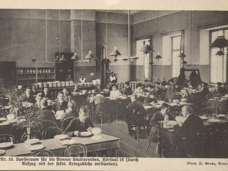 Mensa und Kriegsküche an der Universität Bonn - dargestellt auf einer Postkarte aus dem Jahr 1916 oder 1917. 