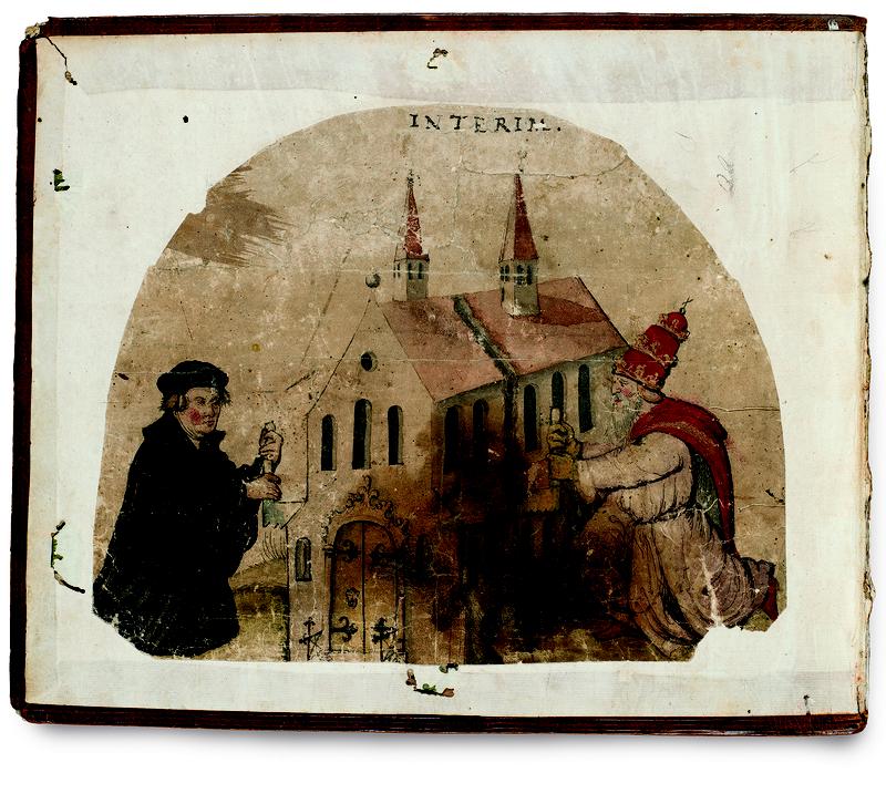 Luther und der Papst zersägen die Kirche. Unbekannter Zeichner, Feder und Pinsel in schwarz, braun, rot und grün aquarelliert, mit Gold gehöht, ca. Mitte 16. Jahrhundert