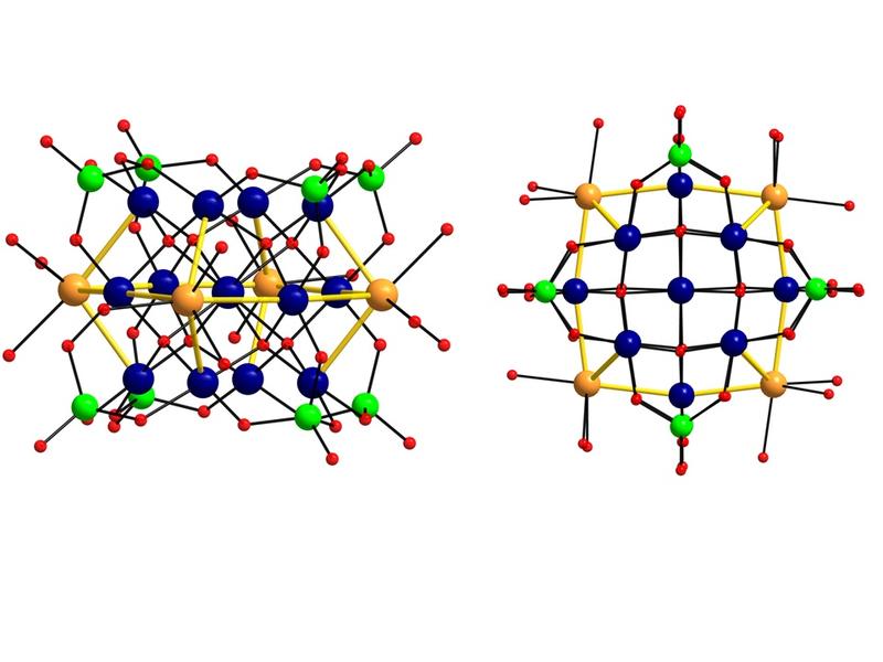 Structural representation of silver-capped polyoxopalladate {Ag4Pd13} in side view (left) and top view (right). Pd dark blue, Ag orange, As green, O red.