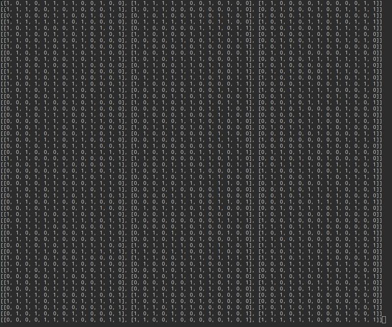 Die binären Definitionen von einigen der knapp 1,6 Millionen 3- dimensionalen Unterräumen im 13- dimensionalen Raum, die am Rechner von Prof. Dr. Alfred Wassermann mathematisch identifiziert wurden.