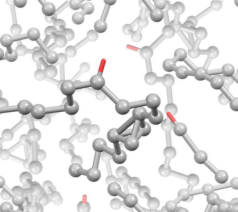 Pyrolytischer magnetischer Kohlenstoff (PMC): Das Modell zeigt die für die magnetischen Eigenschaften verantwortlichen ungepaarten Elektronenspins (rot).