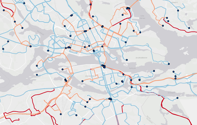  map of bus lines in Stockholm showing where electrical lines with wireless charging would be possible. Red lines are biodiesel, Blue electrical/conductive charging, Orange electrical/inductive