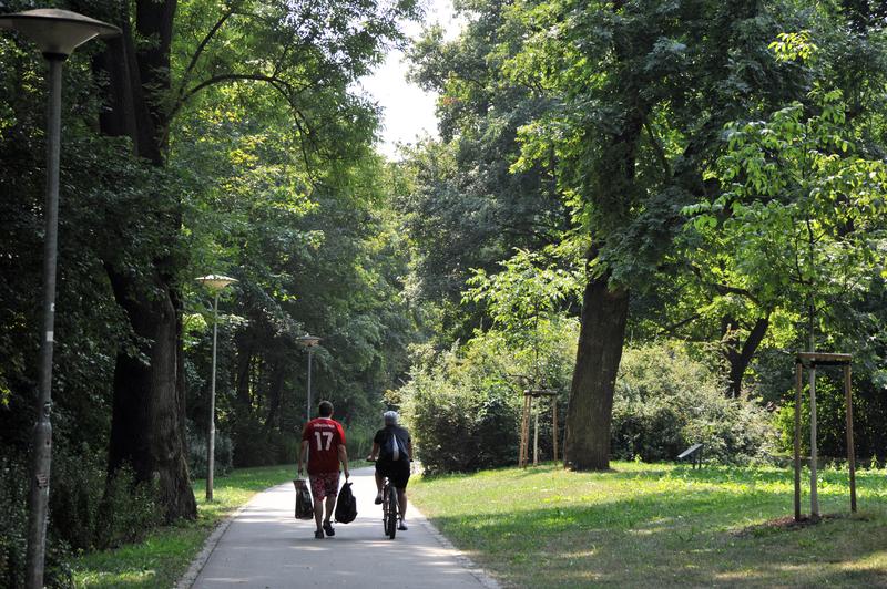  Für das Blockseminar „Kommunizierte Mobilität“ drehten Studierende der Universität Jena Werbespots zu nachhaltiger  Mobilität. Hier: Zu Fuß und mit dem Rad unterwegs im Jenaer Paradiespark.