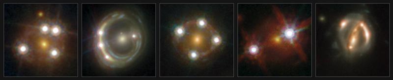 Montage der fünf von der H0LiCOW-Kooperation untersuchten Linsenquasare mit ihren Vordergrundgalaxien. Die Berechnungen zeigen, dass sich das Universum tatsächlich noch schneller ausdehnt als erwarte