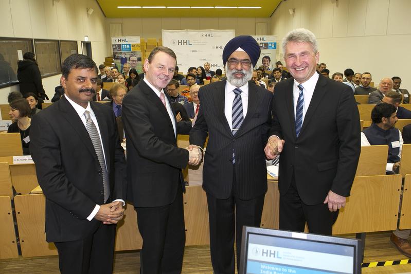 India Business Day 2017 at HHL: from the left: Prof. Shailendra Kumar Rai, Ph.D, Dr. Fritz Jaeckel, SE Gurjit Singh, Prof. Dr. Andreas Pinkwart. Photo credits: Claudia Masur.