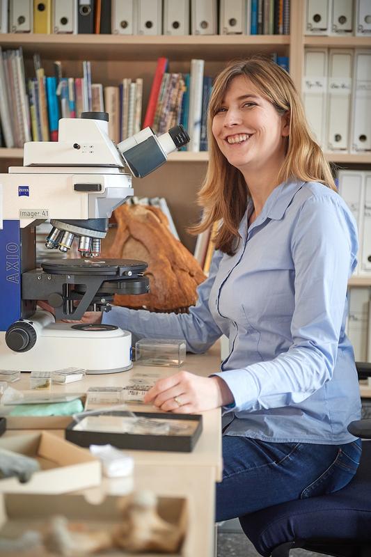 At the microscope: palaeontologist Jessica Mitchell of the Steinmann Institute, University of Bonn examines bone structures of dinosaurs. 