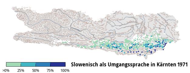 In ihrer Untersuchung haben Katharina Prochazka und Gero Vogl die Sprachbewegung in Südkärnten nachvollzogen - hier zu sehen: der Beginn des zweiten Untersuchungszeitraumes ab 1971.