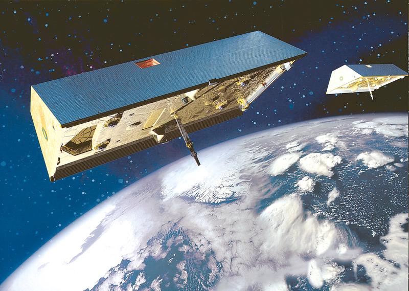 Die beiden GRACE-Satelliten von GFZ und NASA zeichnen Veränderungen der Erdanziehungskraft auf und liefern Daten für monatliche Gravitationskarten.