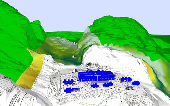 Simulation of sound propagation around a switch gear substation.