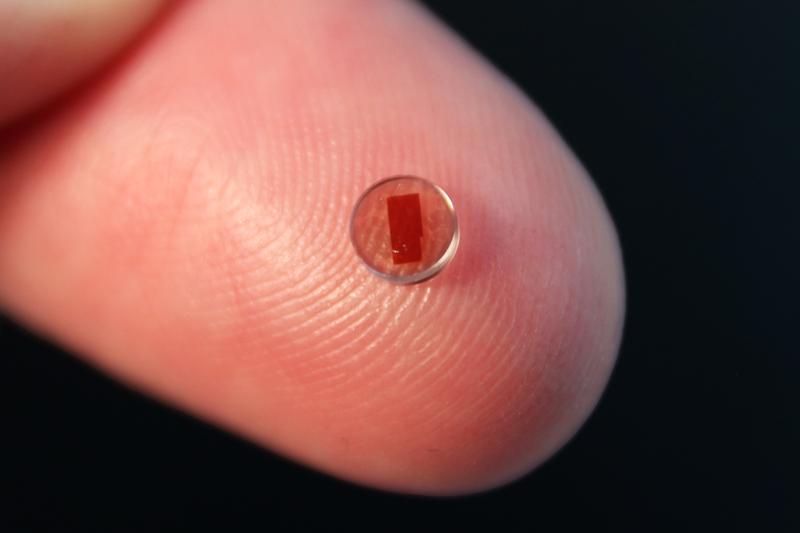 Eine Halbleitermembran zwischen zwei runden Diamantscheibchen. 