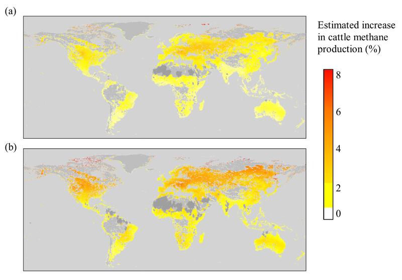 Klima- und Futterbedingter Anstieg der Methan-Emissionen durch Kühe (im %) bis 2050 mit (a) einem geschätzt niedrigem Temperaturanstieg und (b) einem geschätzt hohem Tempteraturanstieg.