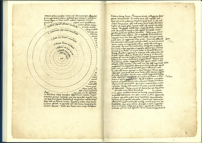 Ein Faksimile der Originalausgabe des Hauptwerks von Nicolaus Copernicus: De revolutionibus orbium coelestium. Auf der linken Seite seine Darstellung des Sonnensystems mit der Sonne im Mittelpunkt. 