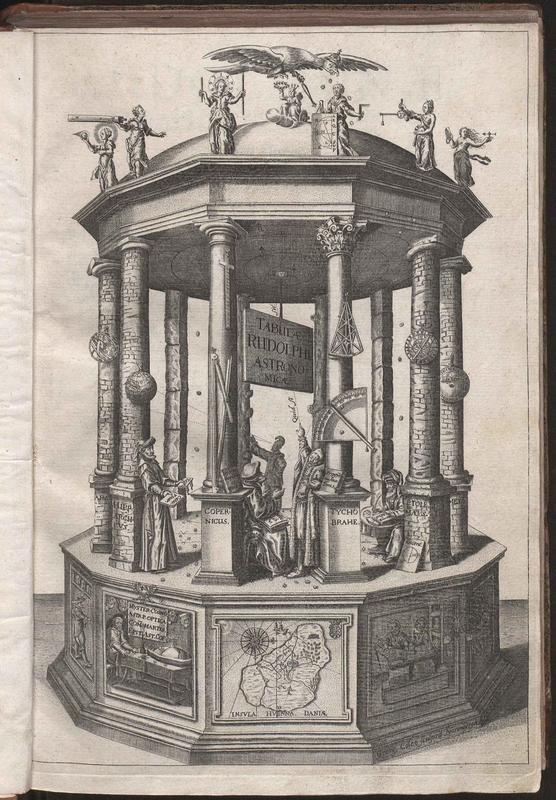 Das von Johannes Kepler entworfene Frontispiz der "Rudolfinischen Tafeln". 