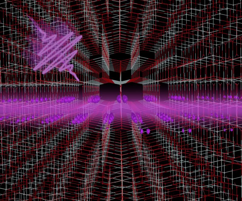 Lattice structure of anatase TiO2 with a graphical representation of the 2D exciton that is generated by the absorption of light. This 2D exciton is the lowest energy excitation of the material.