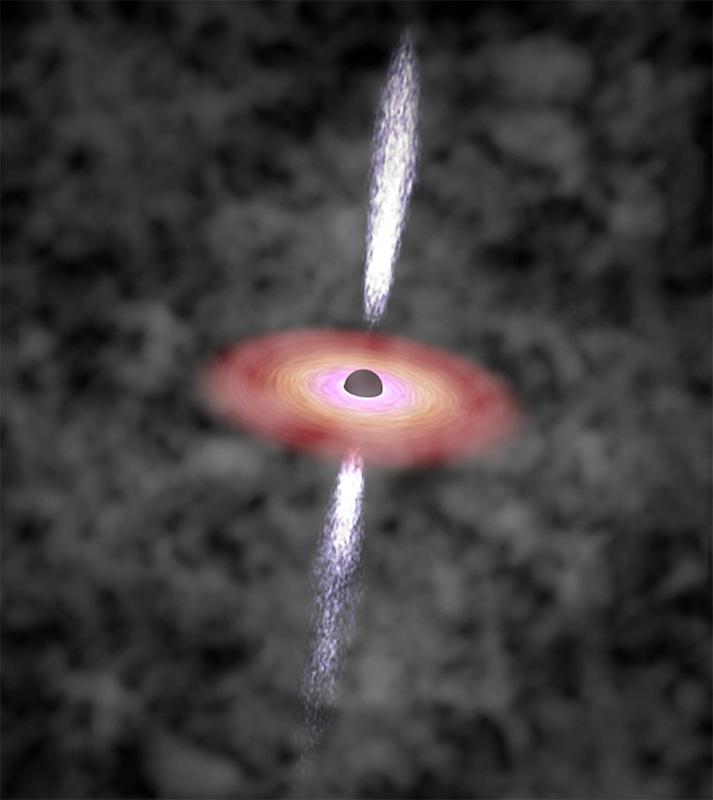 Künstlerische Darstellung: Quasar mit zentralem Schwarzen Loch, umgebender heißer Scheibe und gegenläufigen Teilchen-Jets