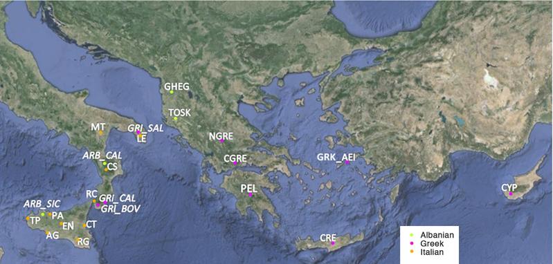 Karte der albanisch-, griechisch- oder italienisch-sprachigen Orte an denen die Gen-Proben für die Studie gesammelt wurden