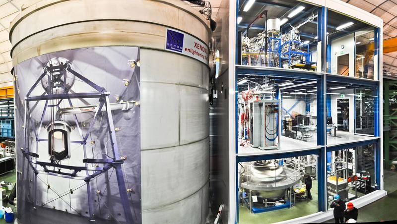 Das XENON1T-Experiment im Gran-Sasso-Untergrundlabor mit Wassertank zur Strahlungsabschirmung (links) und Technikgebäude (rechts).