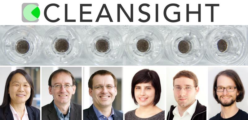 Retinale Pigmentepithelzell-Kultur und das Team von CLEANSIGHT (v.l.n.r.): Prof. Dr. Elly Tanaka, Prof. Dr. Marius Ader, Dr. Mike Karl, Dr. Seba Almedawar, Dr. Sven Schreiter und Dr. Dominic Eberle 