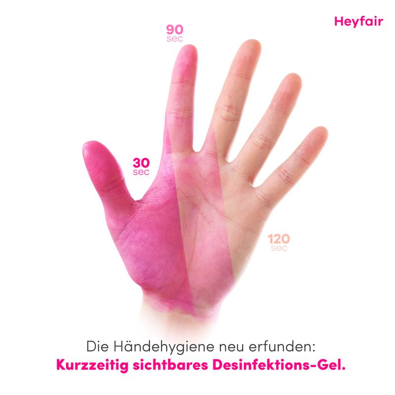 Heyfair ist ein eingefärbtes Händedesinfektionsmittel, das sich nach einer Weile wieder entfärbt.