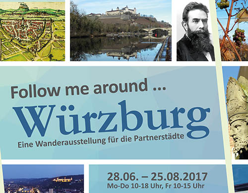 Plakatmotiv zur Ausstellung "Follow me" über Würzburg.