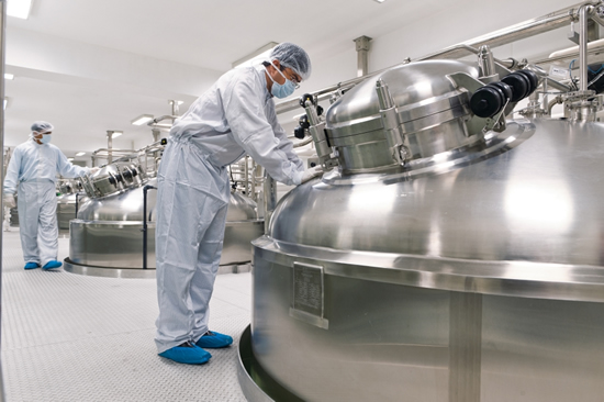 For production of pharmaceuticals cells are grown under defined and controlled conditions in large fermenters.