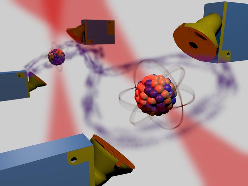 Künstlerische Darstellung des Experiments, in dem zwei eingefangene Atome über eine Entfernung von 400 Metern verschränkt werden.