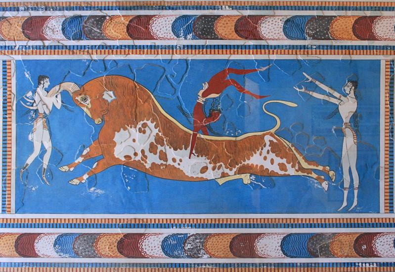 Das Stierspiel-Fresko im minoischen Palast von Knossos auf der griechischen Insel Kreta (Das Original befindet sich im Archäologischen Museum Iraklio)