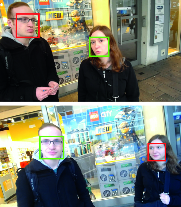  Die neuartige Software erkennt mit Hilfe von lediglich einer Kamera, ob eine oder gar mehrere Personen ein Zielobjekt anschauen (grüner Kasten) oder nicht (roter Kasten).