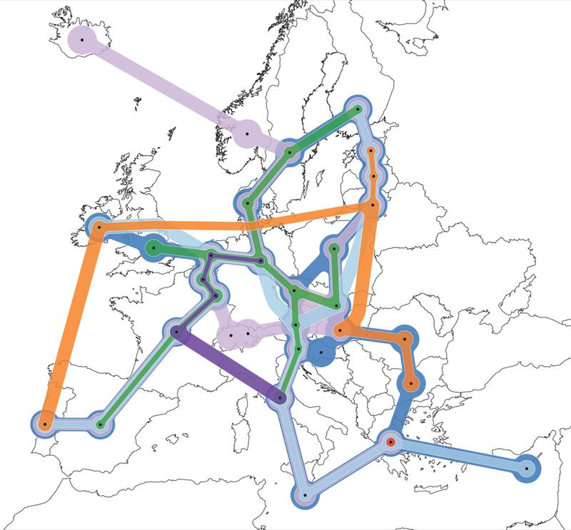 Europäische Länder, gruppiert basierend auf ihren (teils früheren) Beziehungen, dargestellt mit Hilfe der bekannten KelpFusion-Technik. Z.B. Die EU in dunkelblau und der Schengenraum in hellviolett.