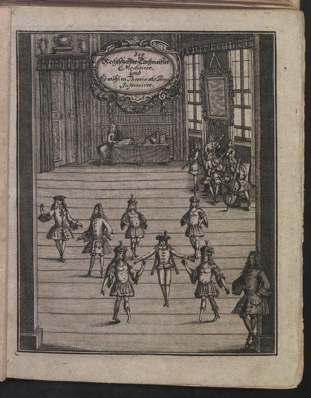 Titelkupfer aus dem Traktat „Gottfried Taubert, Tanzmeisters zu Leipzig, Rechtschaffener Tantzmeister, oder gründliche Erklärung der Frantzösischen Tantz-Kunst“ (Leipzig 1717)
