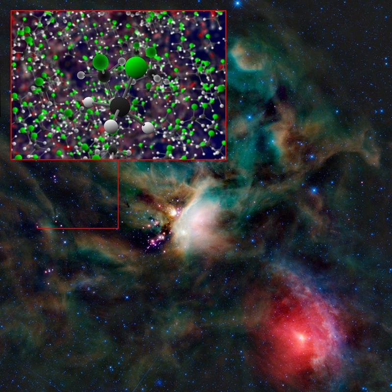 Methylchlorid, das von ALMA im Sternentstehungsgebiet IRAS 16293-2422 entdeckt wurde. Dieselbe organische Verbindung fand die Rosetta-Raumsonde beim Kometen 67P/C