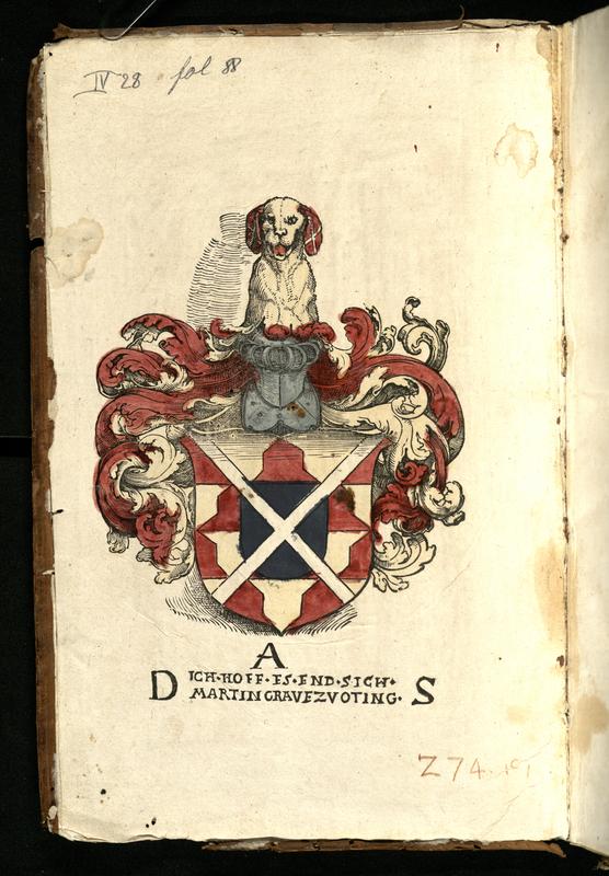 Handkoloriertes Exlibris des MARTIN GRAVE ZV OTING (Martin Graf von Oettingen, 1500-1549) mit  dessen ebenfalls eingedruckter Devise "Ich hoff es end sich"