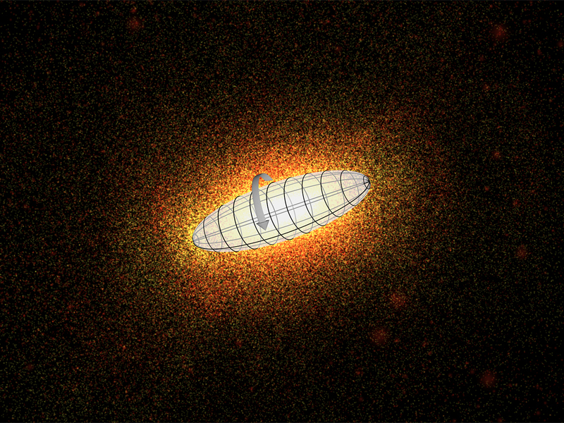 Kosmische Spindel. Diese elliptische Galaxie ist zigarrenförmig, und ähnlich wie bei einer Spindel rotiert sie im Mittel um ihre Längsachse. Das Hintergrundbild ist ein Schnappschuss einer Simulation