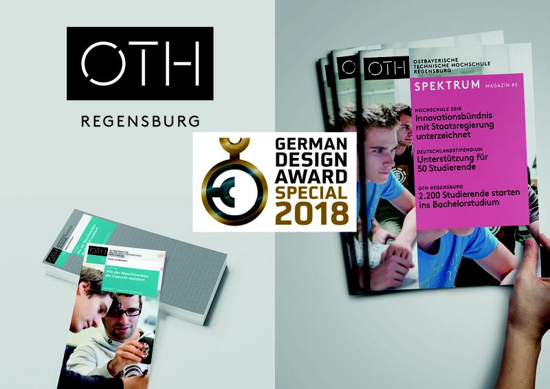 Das CD der OTH Regensburg hat beim German Design Award 2018 den Special Mention-Preis in der Kategorie Excellent Communications Design erhalten. 