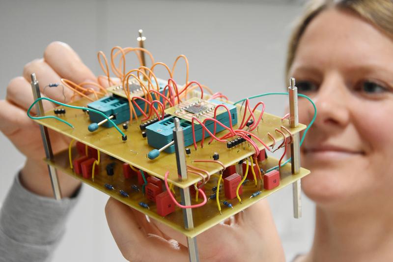 Marina Ignatov, a doctoral researcher in electrical engineering and lead author of the publication, shows an electronic circuit with which the perception processes of the human brain can be imitated.