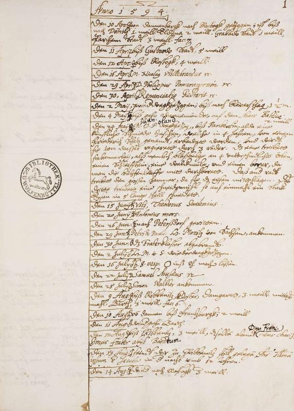 Ausschnitt aus dem Tagebuch von Herzog August d. J., der Eintrag vom 16. Juli 1594 lässt vermuten, dass August sich einen Ohrring stechen ließ
