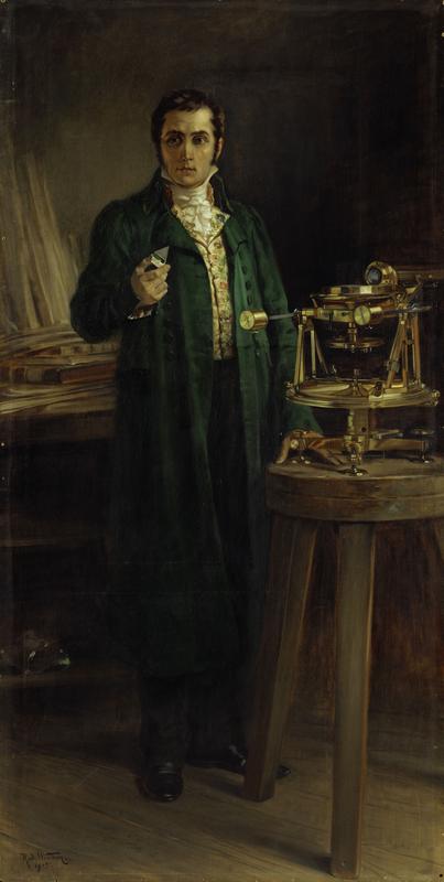 Das Ölgemälde von Rudolf Wimmer aus dem Jahr 1905 hängt im Ehrensaal des Deutschen Museums. Es zeigt Joseph von Fraunhofer mit einem Prisma in der Hand neben seinem Spektralapparat.