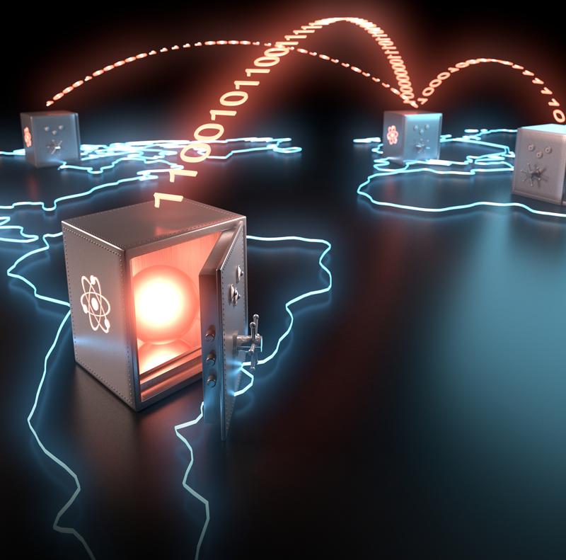 Künstlerische Darstellung der globalen Teleportation von Quantenbits. 