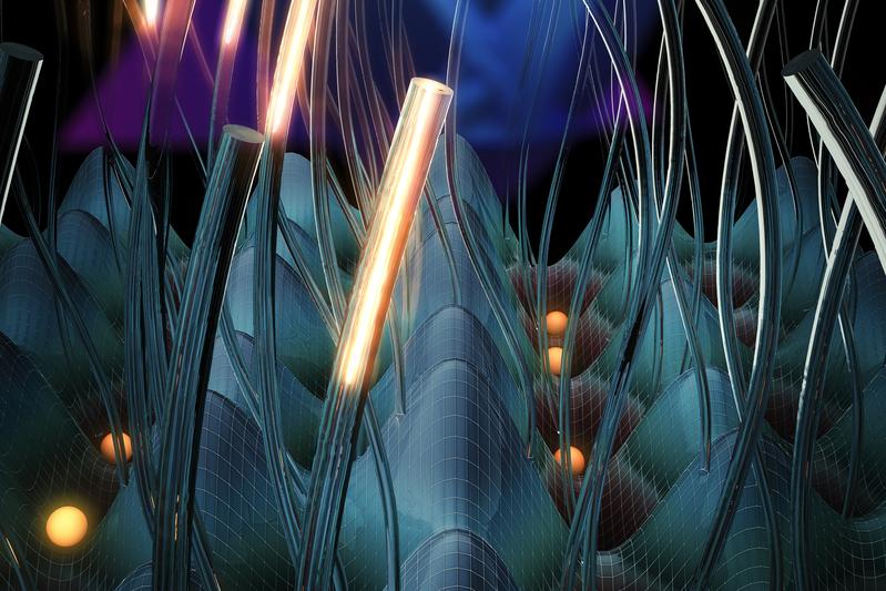 Ein physikalisches Phänomen in vier Raumdimensionen wurde experimentell realisiert: mit Licht in Wellenleitern (geschlängelte Röhren) und mit kalten Atomen (orange Kugeln) in optischen Gittern.