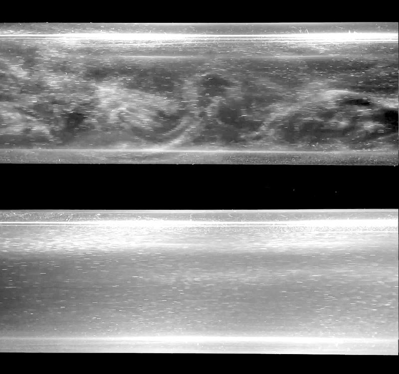 Turbulent flow (top) compared to laminar flow (bottom)