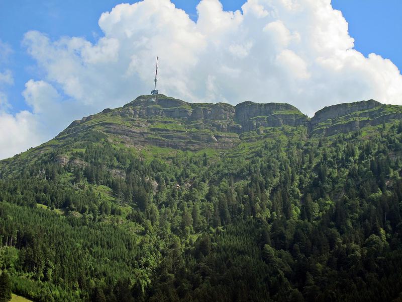 Rigi-Berg: Als Schichten gut sichtbar sind die versteinerten Flussrinnen, die zum Gipfel hin immer grössere Gerölle führten. Die Gesteine zeigen somit die zunehmende Verwilderung der Ur-Reuss.