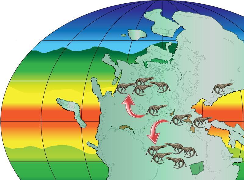 The Permian-Triassic world 250 million years ago, showing all continents fused as the supercontinent Pangaea, the tropical belt (orange and yellow colours), and reptile distributions. 